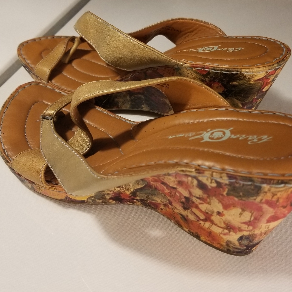 Born Flowered Wedge Slides-gold leather- size 10
